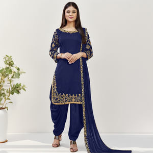 Shalwar Kameez traditionnel brodé pour femmes, couleur bleu marine, en faible quantité minimale de commande, fournisseur professionnel 2025, non cousu - Product Image 1
