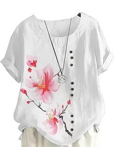 เสื้อยืดลำลองผู้หญิง คอโอ แขนสั้น ผ้าฝ้าย พิมพ์ลายดิจิทัล สำหรับฤดูร้อน ผ้าถักเนื้อนุ่ม ระบายอากาศได้ดี 100% ย้อมสีพื้น ผลิตด้วยเครื่องจักร - Product Image 2