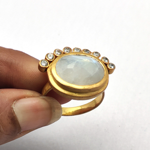 Rainbow Moonstone Oval 925 Sterling Silver Matt Finish Permanent Gold Plated Thick Band Ring 9.98 Gms Size US 10.5 Cz Set Rings - Product Image 2
