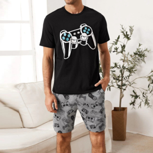 Conjunto de Pijama para Hombre con Estampado de Control de Videojuegos, Camiseta Negra y Pantalones Cortos Grises, 100% Algodón, Ropa de Dormir Informal para Verano e Invierno - Product Image 1