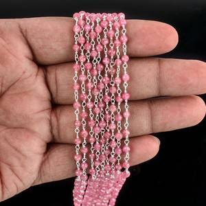 Cadena de Rosario de cuentas redondas microfacetadas de turmalina Rosa Natural, piedra de turmalina de 3mm, cadena de eslabones envueltos en alambre de plata de ley 925 - Product Image 5