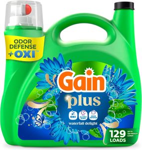 Détergent à lessive liquide Gain Plus, plus purifiant, plus rafraîchissant, maintenant avec Oxi, parfum Waterfall Delight, 170 fl oz, 129 lavages - Product Image 1