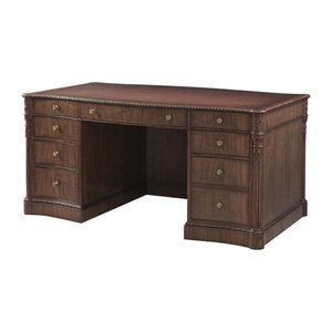 Rich Brown Engineered Wood Executive <b>Desk</b> with Ornate Carving and Eight <b>Drawers</b> 1-Year Warranty - Product Image 1