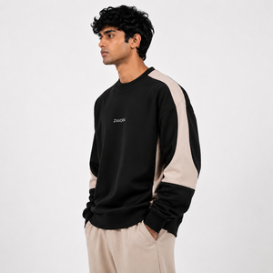 เสื้อสเวตเชิ้ตคอกลมสีดำเบจ คอตตอน 100% ทรงหลวมสำหรับผู้ชาย รับทำโลโก้ตามสั่ง ขายส่งเสื้อสเวตเชิ้ตและเสื้อฮู้ดดี้ - Product Image 4