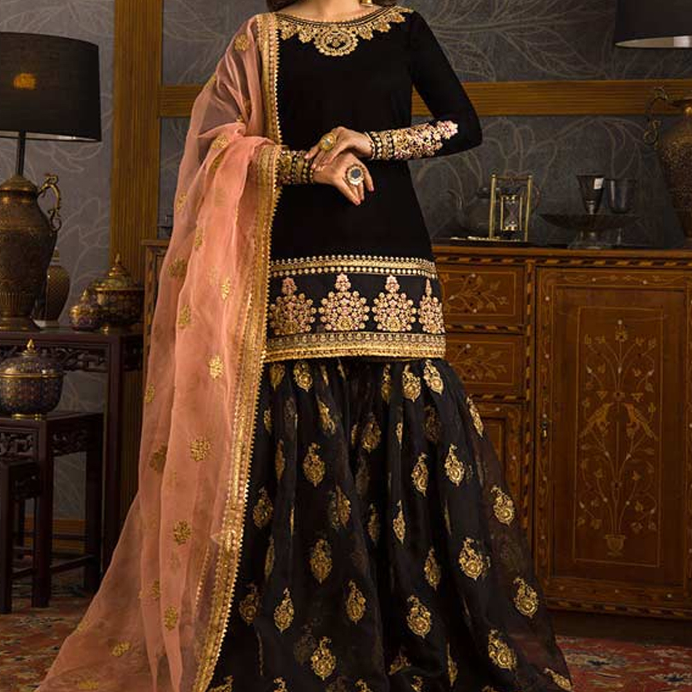 green emerald velvet dress Captivating Black Color Gown With Ravishing Dupatta – subhvastra main image 0