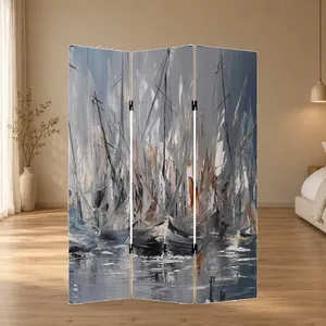 Peinture à l'huile de voiliers gris sur toile double face, écran pliable - Product Image 2