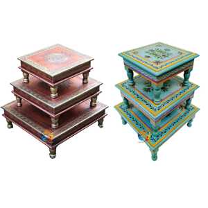 Arte de madera hecho a mano de Chowki pintado a mano indio para decoración del hogar - Product Image 2