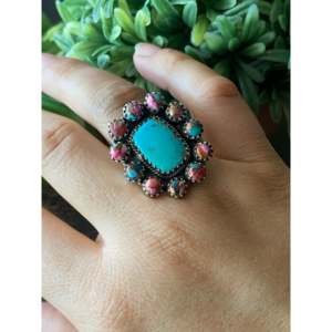Southwest Handmade Multi Stone Sterling <b>Silver</b> <b>Adjustable</b> Cluster <b>Ring</b> 6mm Bezel & Invisible Setting - Product Image 2