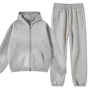 Conjunto Deportivo de Sudadera con Capucha y Cremallera en Gris Claro Lavado al Ácido para Hombre, Chaqueta de Forro Polar Extra Grande, Pantalones Jogger, Ropa Casual de Calle para Invierno - Product Image 2