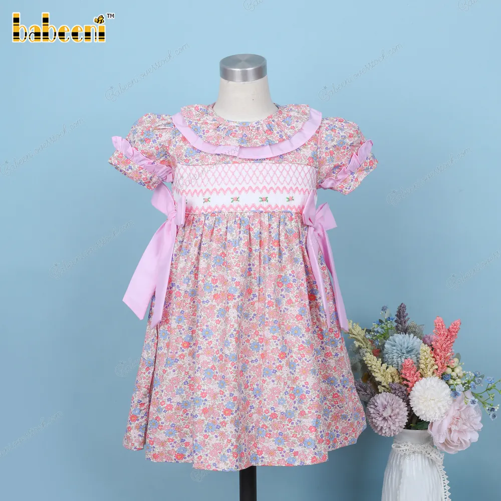 Geometric Dress Floral OEM ODM Kids Smock Dress Customized Pink Accent 2 Bows Purple Children Short Sleeve Set Embroidery Midi
