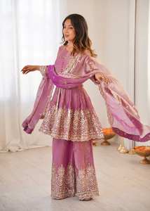 Ensemble Sharara Plazo en soie Fandy bicolore, lourd, avec broderie de miroir véritable et paillettes, 3 pièces, costume de mariage - Product Image 2