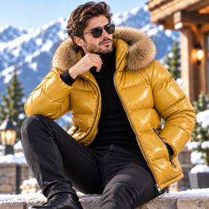 Chaqueta Bomber de Cuero para Hombre con Capucha de Piel de Zorro |   Piumino Lucido para Hombre |   Chaqueta Brillante |   Chaqueta de cuero brillante, estilo Doudoune - Product Image 6