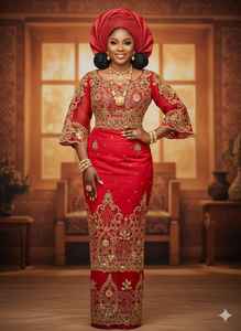 Robe George de luxe de couleur bleu marine nigérian, avec un design floral et feuillage élégant, fait main, pour mariage nigérian - Product Image 6