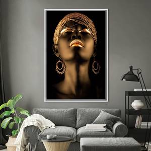 Tableau sur toile imprimé femme africaine élégante en or - Décoration abstraite, encadré blanc - Product Image 1