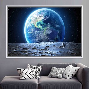 Impresión en lienzo de la Tierra y la Luna: obra de arte de paisaje espacial celestial, lienzo con marco blanco - Product Image 1