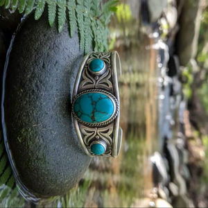 Bracelet manchette bohème fait main Garmani en argent et turquoise, jonc perlé réglable en argent allemand, 20 % de réduction et cadeau du Nouvel An - Product Image 4