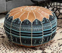 Beau Pouf en Turquoise, Pouf rond en cuir marocain, décoration de la maison, Style Boho, tabouret Ottoman en cuir