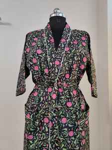 Robe kimono d'été pour femme en coton 100%, col en V, manches courtes, longueur totale, imprimé floral indien, tissu doux, décontracté, tendance - Product Image 1