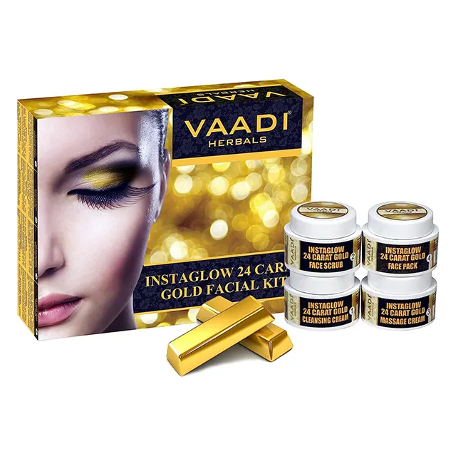 Vaadi Herbalsゴールドフェイシャルキット-24カラットの金箔、マリーゴールド & ウィートジェムオイル、レモンピールエキス70グラム