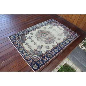 Alfombra Vintage, 3x4,1 pies, Alfombra Turca Pequeña, Alfombra Azul y Blanca con Diseño Ombré - Product Image 2