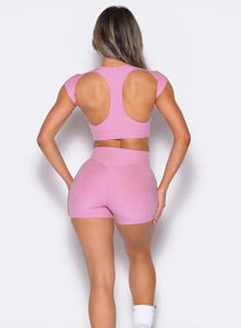 ชุดบราและสั้นสำหรับผู้หญิงชุดเล่นโยคะฟิตเนสสีชมพูแบบลำลองออกแบบโลโก้ได้ตามต้องการ - Product Image 4