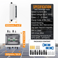 Boîtier de Combinaison Solaire Photovoltaïque 1000V CC 2 Chaînes 2 Entrées 2 Sorties IP65 Étanche avec Disjoncteur 40A et Protection Contre les Surtensions 20-40kA