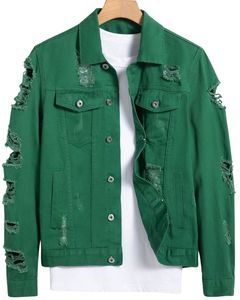 Veste en jean déchirée pour homme, style camionneur, streetwear décontracté, boutonnée, couleur verte - Product Image 1