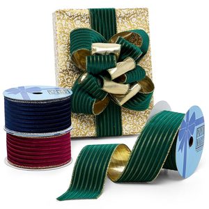 Embossed Stripes on Velvet <b>Wired</b> <b>Ribbon</b> Metallic Polyester Stretch Loop for Christmas & Birthday Gift Wrapping & Decoration - Product Image 1