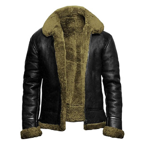 Factory Wholesale <b>Men</b> RAF Bomber Warm Thick Sheepskin Lamb <b>Fur</b> Long Shearling Genuine Leather <b>Jackets</b> Winter Fashion - Product Image 2
