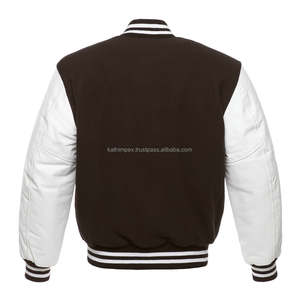 Unisex College Outerwear Custom Varsity Jacket <b>Wool</b> Body Leather Sleeves Brown <b>White</b> Embroidery Snap Button Closure Ready Spring - Product Image 2