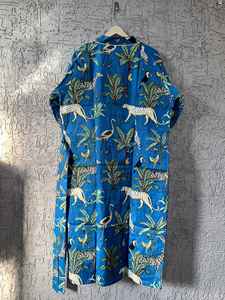 Kimono unisex de algodón azul de lujo con Estampado de jungla, albornoz bohemio indio para mujer, ropa de dormir transpirable para verano Otoño Invierno - Product Image 4