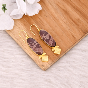 Pendientes de Oro Amarillo con Incrustaciones de Jaspe Malinga, Pendientes de Moda Estilo Boho, Fabricante Mayorista - Product Image 3