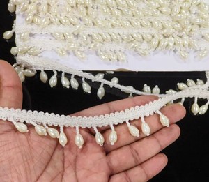 White Beaded <b>Tassels</b> Lace <b>Trim</b>: Indian Dress Embellishment - Product Image 2