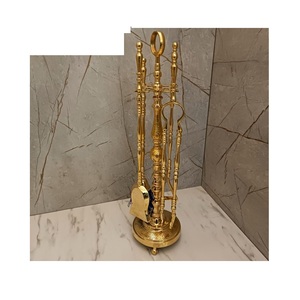 Historical style brass fire tools with carved details and sturdy finish great for formal fireplace spaces and <b>log</b> homes - Product Image 1