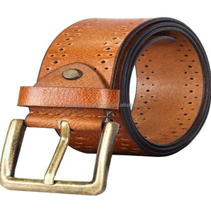 Ceinture décontractée élégante en cuir pour homme entièrement perforé, fabriquée à la main, avec boucle ardillon amovible en laiton finition antique au prix de gros - Product Image 1