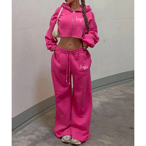 Survêtement unisexe à fermeture éclair imprimé personnalisé de qualité en gros Ensemble deux pièces en polaire 100% coton et costume à capuche pour femmes - Product Image 1