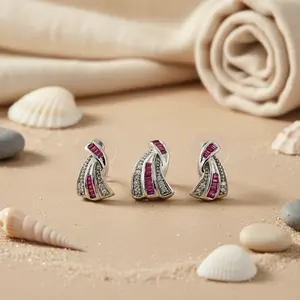 Ensemble de boucles d'oreilles pendantes tendance pour femmes en argent et rubis, bijoux de fête de mariage chrétien mignons avec des perles étincelantes, diamants, forme de fleur - Product Image 2