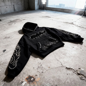 Sudaderas Gruesas con Lavado Ácido Desteñido Personalizadas, Apliques Bordados, Estilo Holgado, Corte Recto, con Pedrería Mixta, Sudaderas con Capucha Negras para Hombre - Product Image 4