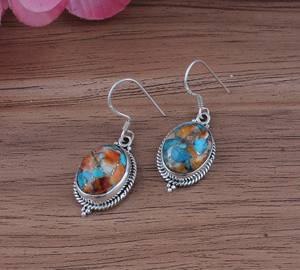 Boucles d'oreilles ovales faites à la main en mosaïque turquoise et huître en cuivre plaqué rhodium pour femmes bijoux de mariage - Product Image 4