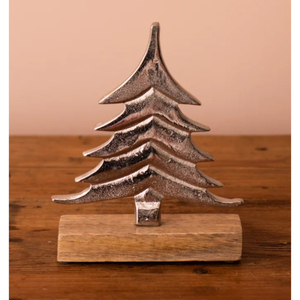 Elegant Black Metal Christmas Tree Figurine with Natural Mango <b>Wood</b> Base Hollow Cutout Tabletop Decoration <b>Sculpture</b> - Product Image 5