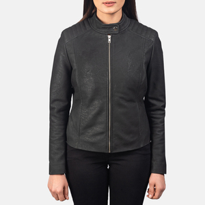 Chaqueta de motorista de cuero desgastado para mujer, chaqueta de moda elegante y limpia, de piel auténtica de oveja, color negro - Product Image 3