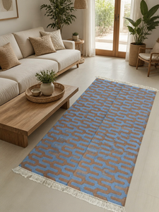 Alfombra Kilim de Algodón Hecha a Mano, Moderna, con Diseño de Chevron Entrelazado, con Flecos, para Dormitorio o Pasillo - Product Image 1