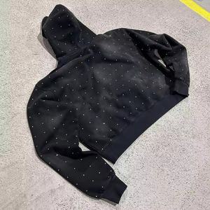 Vêtements de rue sérigraphié hommes à capuche poids lourd sans cordes ourlet brut hommes à capuche Vintage lavage à l'acide strass sweat à capuche unisexe - Product Image 2