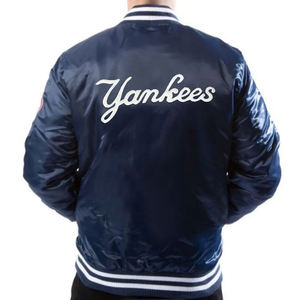 New Varsity Bomber Men's Jackets Jacket for Men Navy Satin Snap <b>Button</b> Baseball Style New York Fan inspired Outerwear Coat - Product Image 6