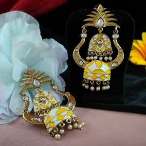 Meenakari Fusion & Kundan <b>Earrings</b> Regal Sophistication Detailed Meenakari Enamel Work Royal Charm Finest Quality Hanging <b>Pearls</b> - Product Image 1