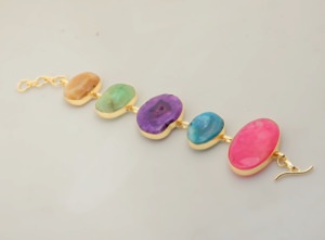 Cadena de Eslabones Chapada en Oro de 18K Hecha a Mano con Ágata, Pulsera de Piedras Preciosas Ajustable Estilo Boho Chic - Product Image 2