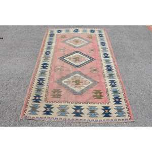 Tapis turc vintage motif Kilim rose bleu 4x6,2 pieds grande surface Rectangle laine jonc de mer matériel Latex pour couloir chambre décor - Product Image 1