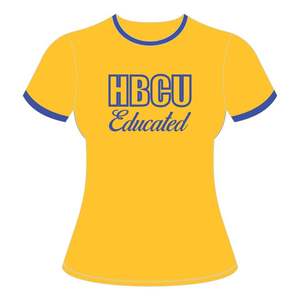 Educated Women Chenille Contrast Trim Ringer T <b>Shirt</b> <b>Gold</b> with Blue Embroidered Letters Cotton Collegiate Sorority - Product Image 2