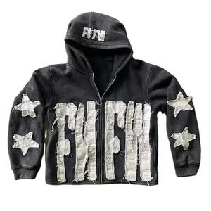 2025 New Design Customize Distressed Embroidery Patches Acid Wash Zipper Hoodie 100 % Cotton 450 GSM heavyweight Men Hoodie - Product Image 3
