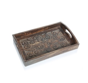 Plateau de service rectangulaire en bois avec gravure design arbre de vie et poignées de maintien Plateau de décoration de cuisine de table - Product Image 1